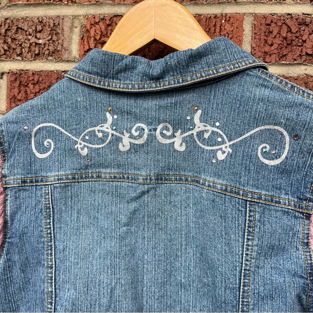 Arizona Jeans Denim and Butterfly Rhinestone Pink and Blue Sweater Sleeve Jacket - Picture 4 of 4